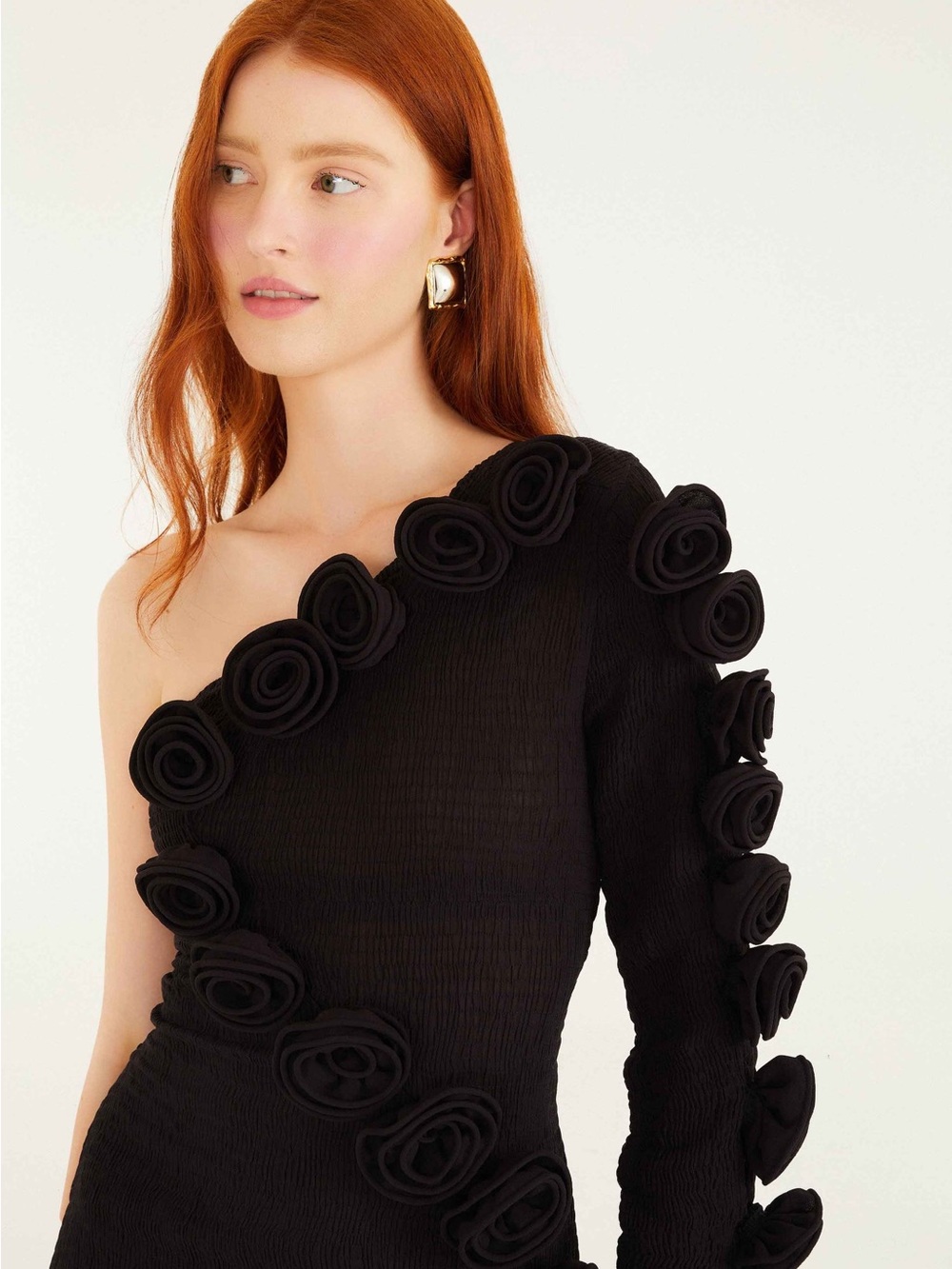 Farm Rio Black 3d Rose One-Shoulder Midi Dress S - Picture 4 of 6